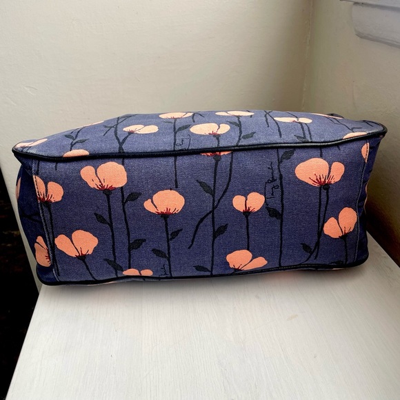 Tory Burch Floral Canvas Large Handbag Blue and Coral - Picture 2 of 11